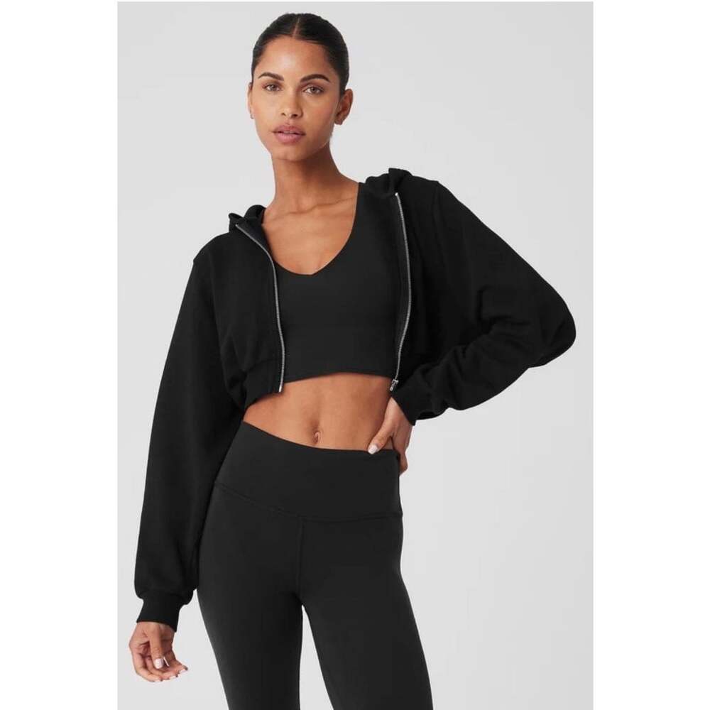 Alo Yoga Sweet Escape Zip Up Hoodie Black Large Cropped Oversized Sweatshirt